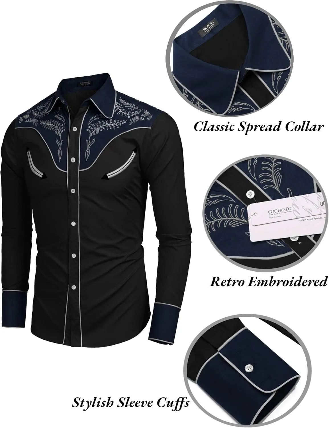 COOFANDY Men's Western Cowboy Shirt Embroidered Button Down Long Sleeve Shirts