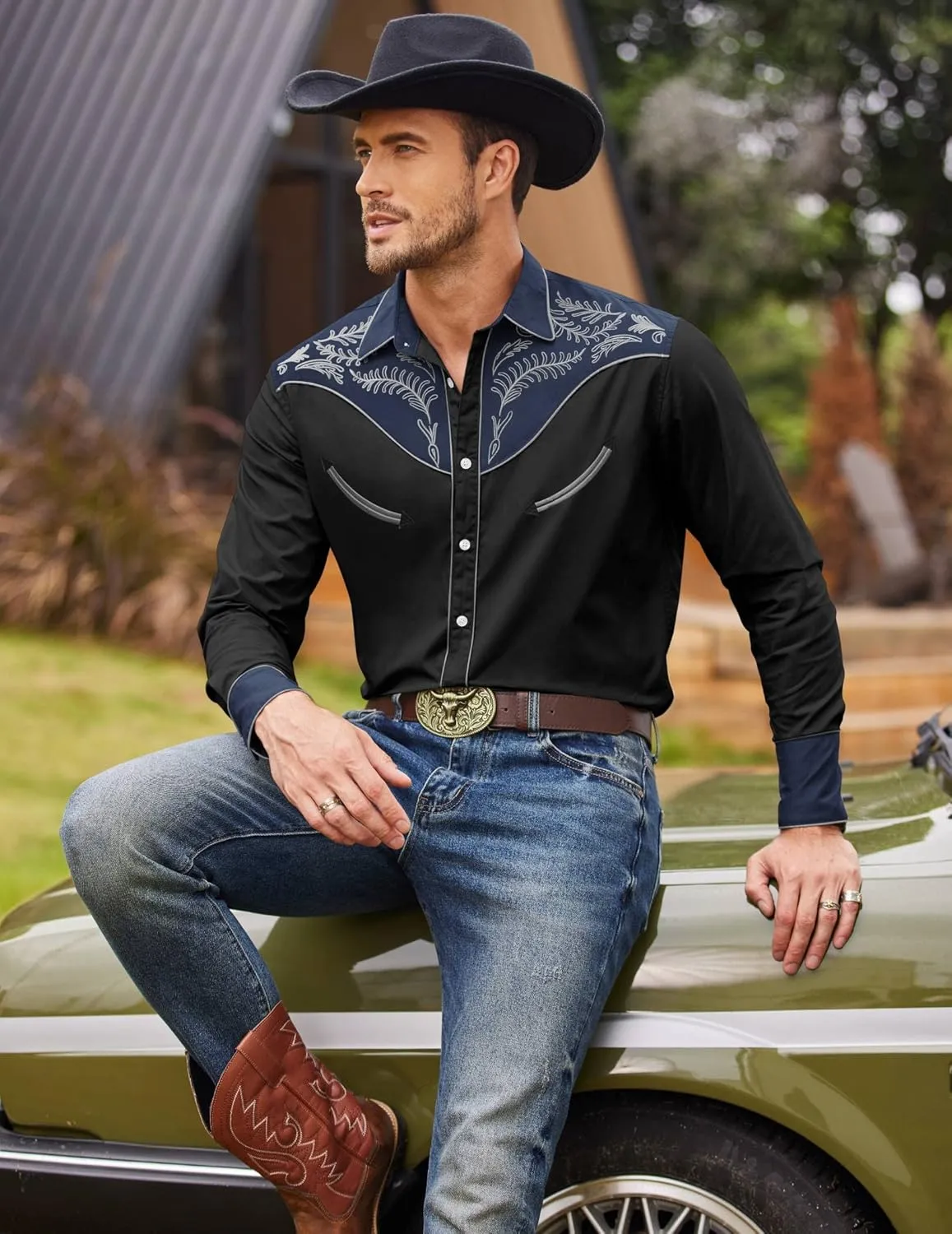 COOFANDY Men's Western Cowboy Shirt Embroidered Button Down Long Sleeve Shirts