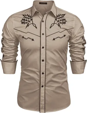COOFANDY Men's Western Cowboy Shirt Long Sleeve Embroidered Shirt Slim Fit Cotton Casual Button Down Shirt