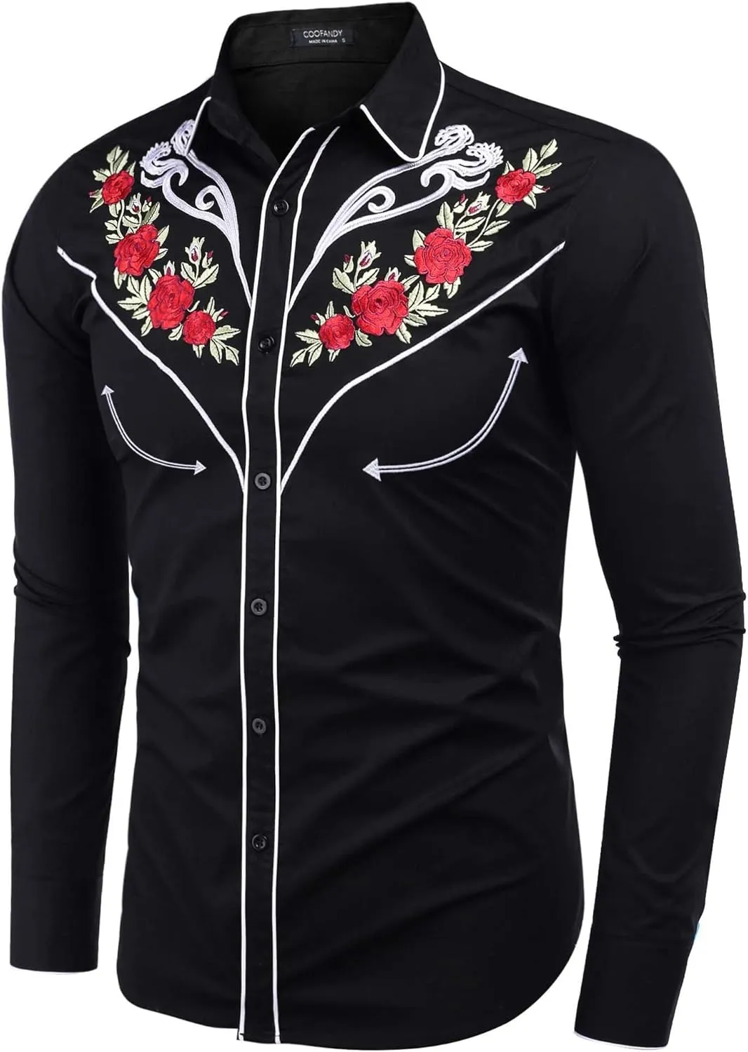 COOFANDY Men's Western Cowboy Shirt Long Sleeve Embroidered Shirt Slim Fit Cotton Casual Button Down Shirt