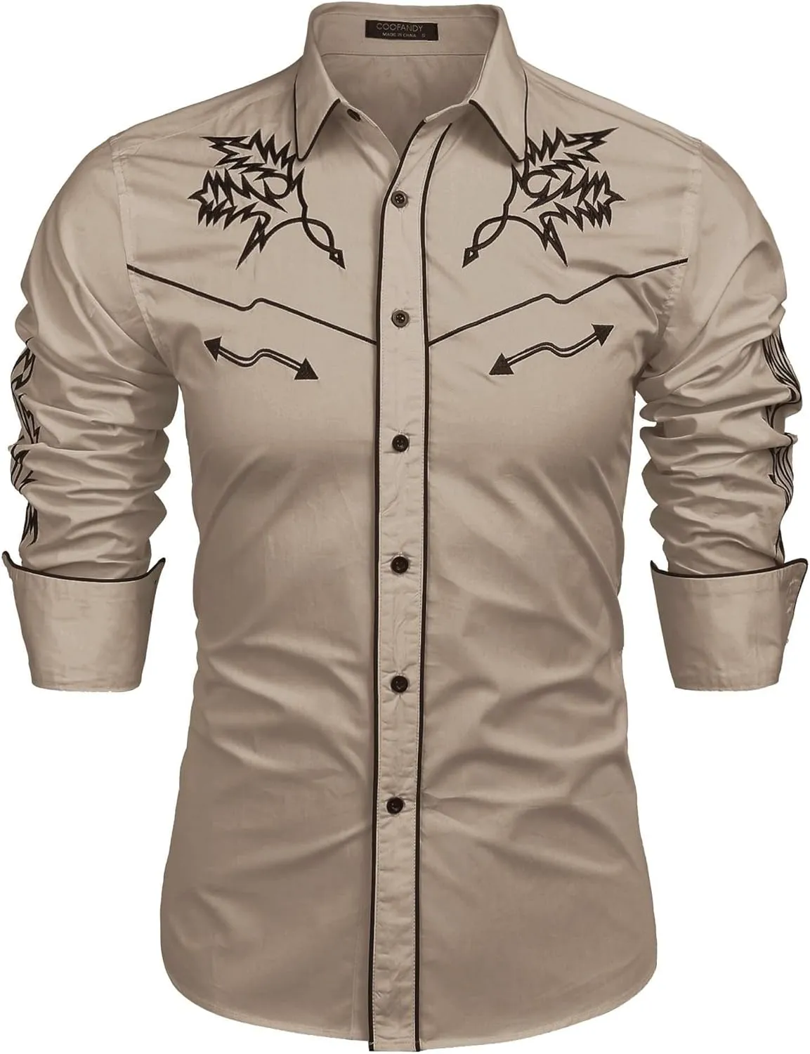 COOFANDY Men's Western Cowboy Shirt Long Sleeve Embroidered Shirt Slim Fit Cotton Casual Button Down Shirt