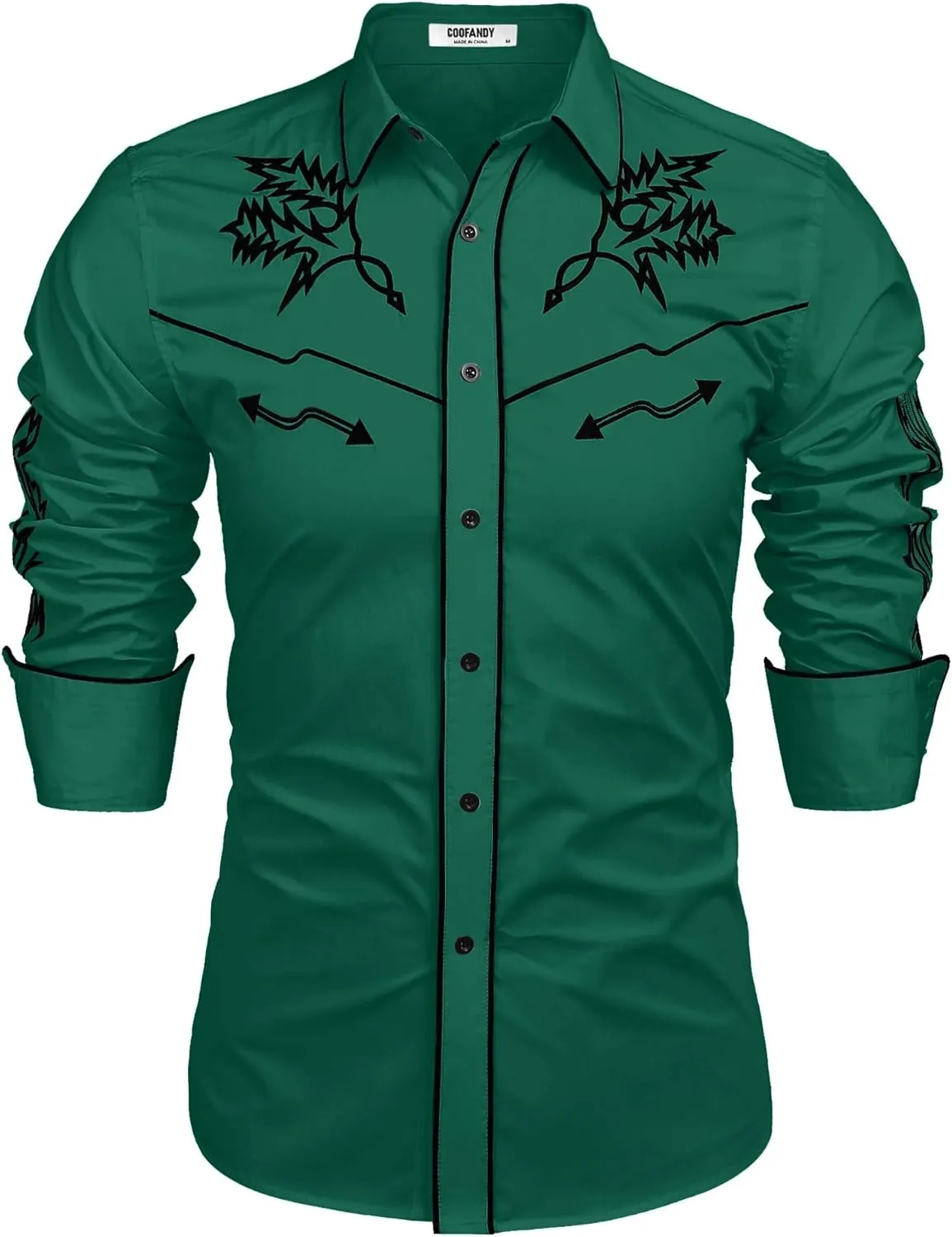 COOFANDY Men's Western Cowboy Shirt Long Sleeve Embroidered Shirt Slim Fit Cotton Casual Button Down Shirt