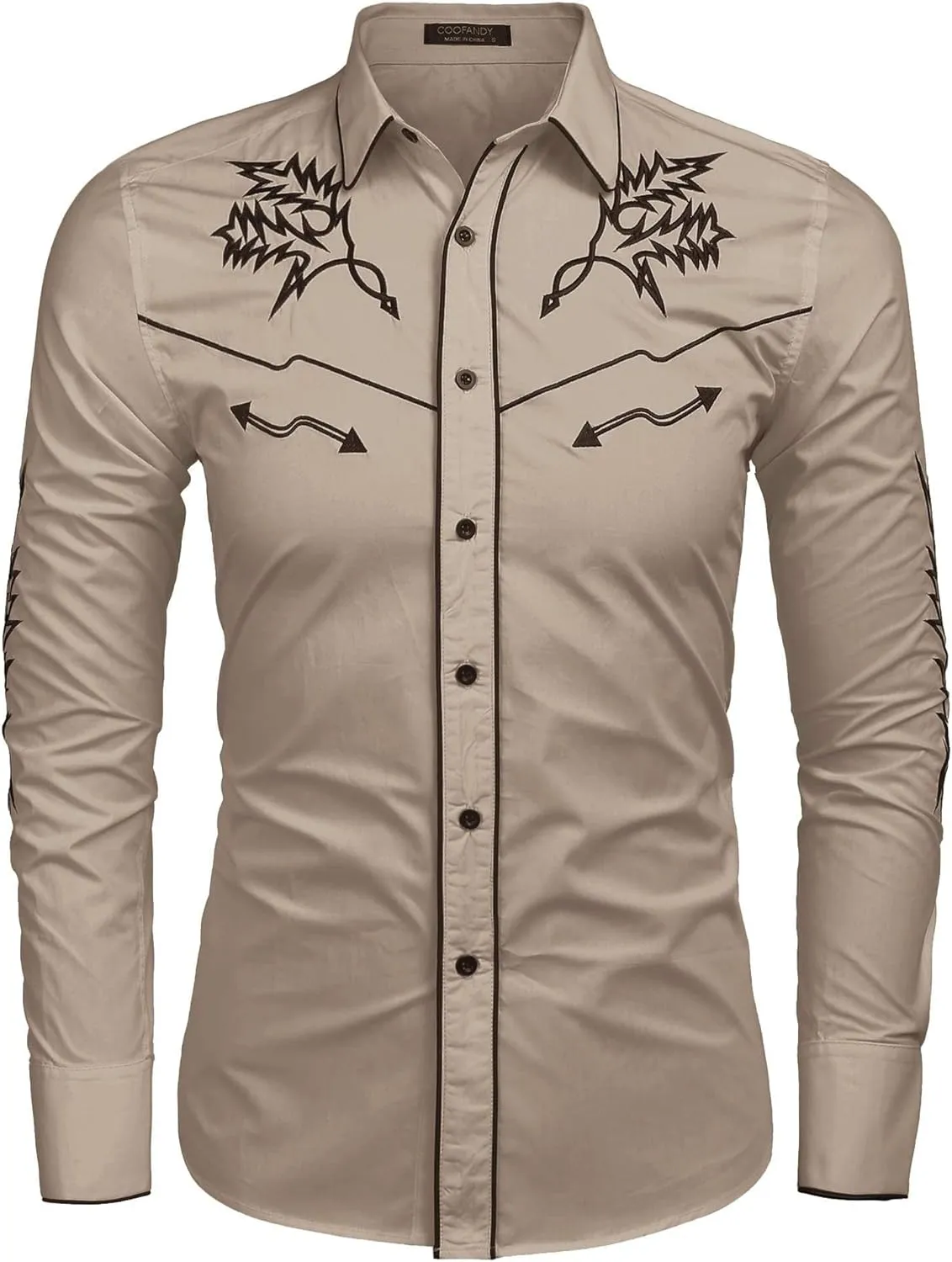 COOFANDY Men's Western Cowboy Shirt Long Sleeve Embroidered Shirt Slim Fit Cotton Casual Button Down Shirt