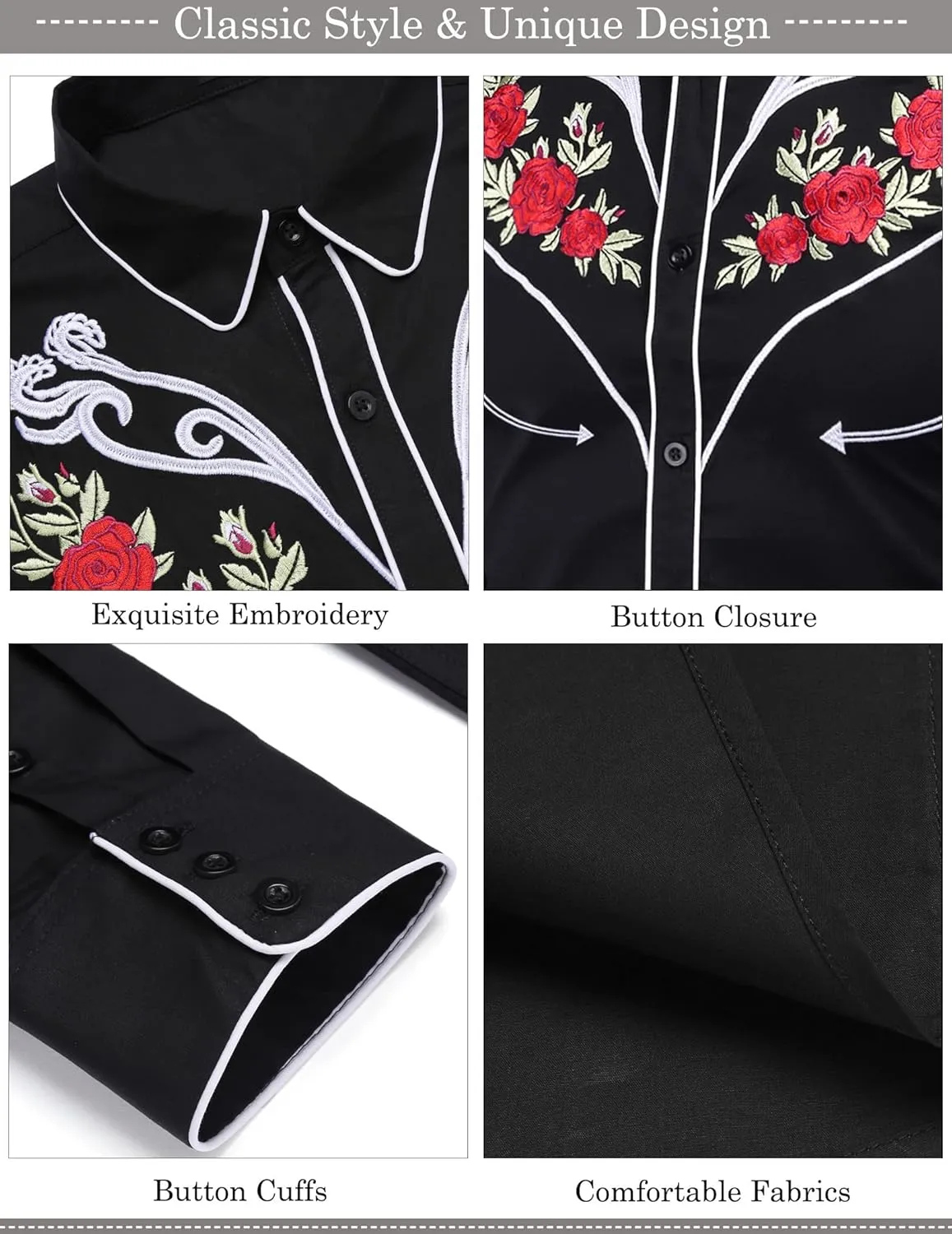COOFANDY Men's Western Cowboy Shirt Long Sleeve Embroidered Shirt Slim Fit Cotton Casual Button Down Shirt