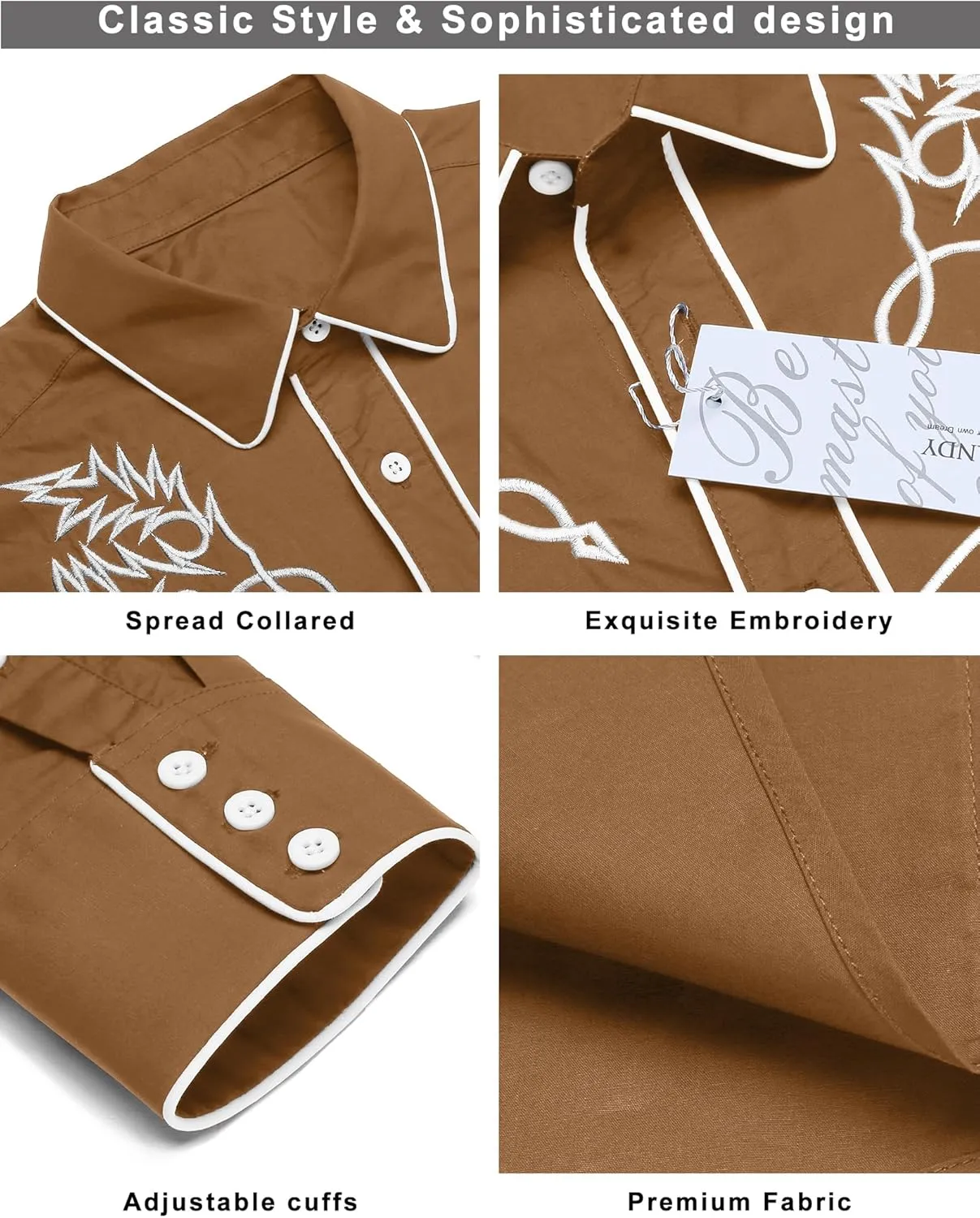 COOFANDY Men's Western Cowboy Shirt Long Sleeve Embroidered Shirt Slim Fit Cotton Casual Button Down Shirt