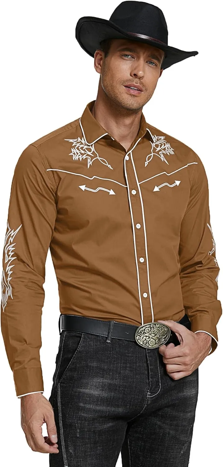COOFANDY Men's Western Cowboy Shirt Long Sleeve Embroidered Shirt Slim Fit Cotton Casual Button Down Shirt