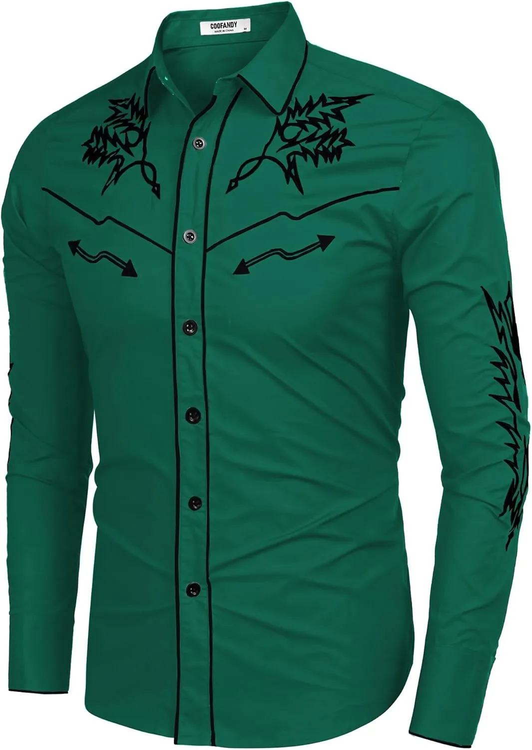 COOFANDY Men's Western Cowboy Shirt Long Sleeve Embroidered Shirt Slim Fit Cotton Casual Button Down Shirt
