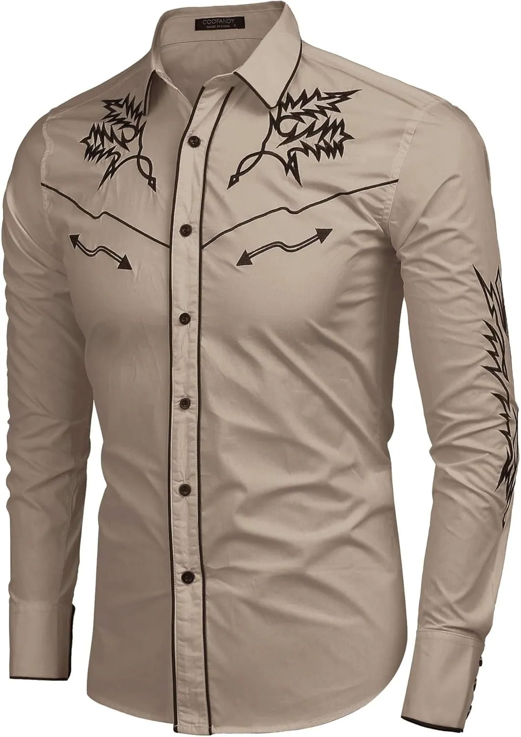 COOFANDY Men's Western Cowboy Shirt Long Sleeve Embroidered Shirt Slim Fit Cotton Casual Button Down Shirt
