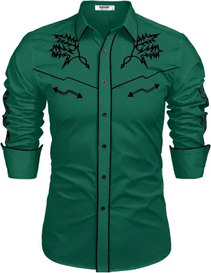 COOFANDY Men's Western Cowboy Shirt Long Sleeve Embroidered Shirt Slim Fit Cotton Casual Button Down Shirt