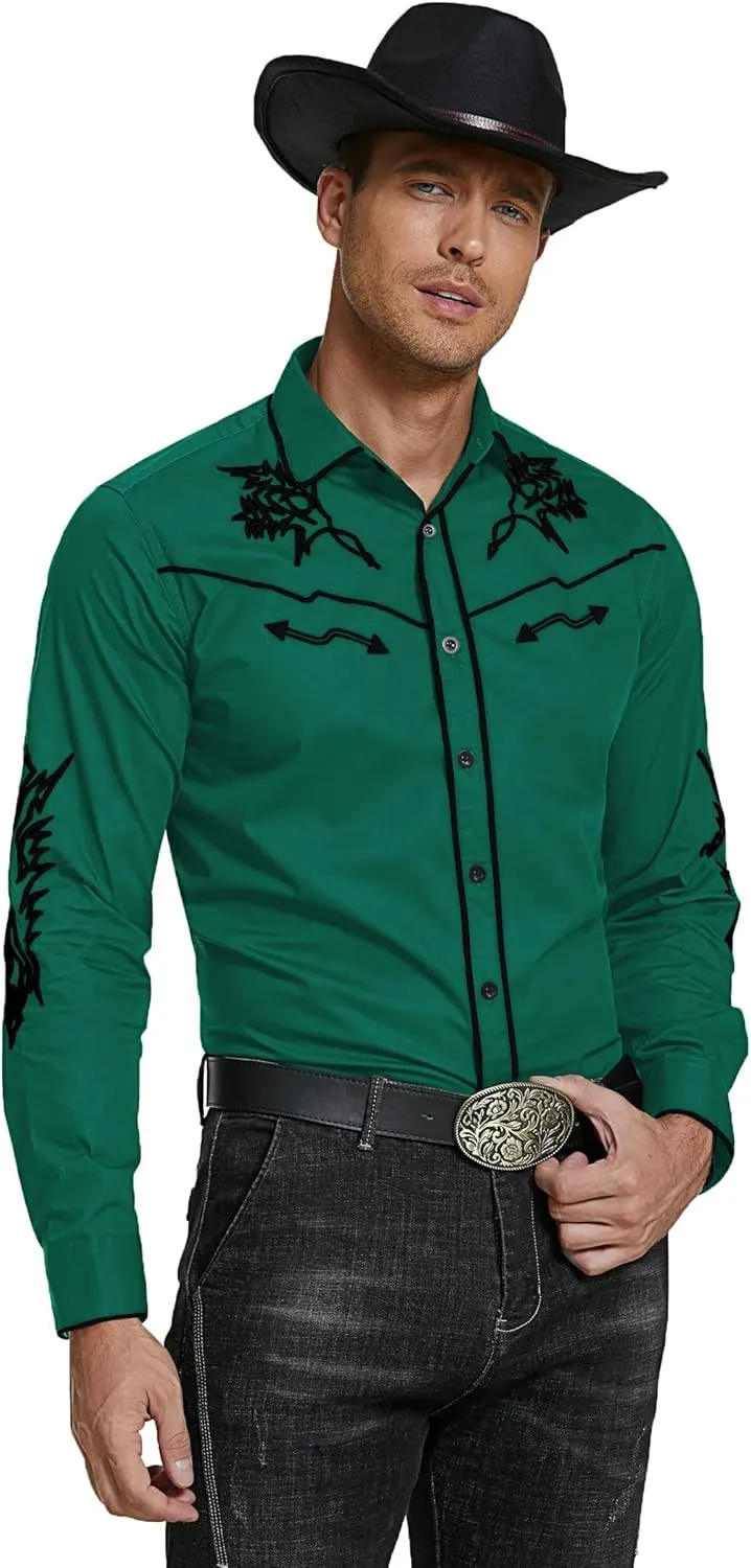 COOFANDY Men's Western Cowboy Shirt Long Sleeve Embroidered Shirt Slim Fit Cotton Casual Button Down Shirt