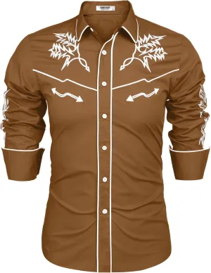 COOFANDY Men's Western Cowboy Shirt Long Sleeve Embroidered Shirt Slim Fit Cotton Casual Button Down Shirt