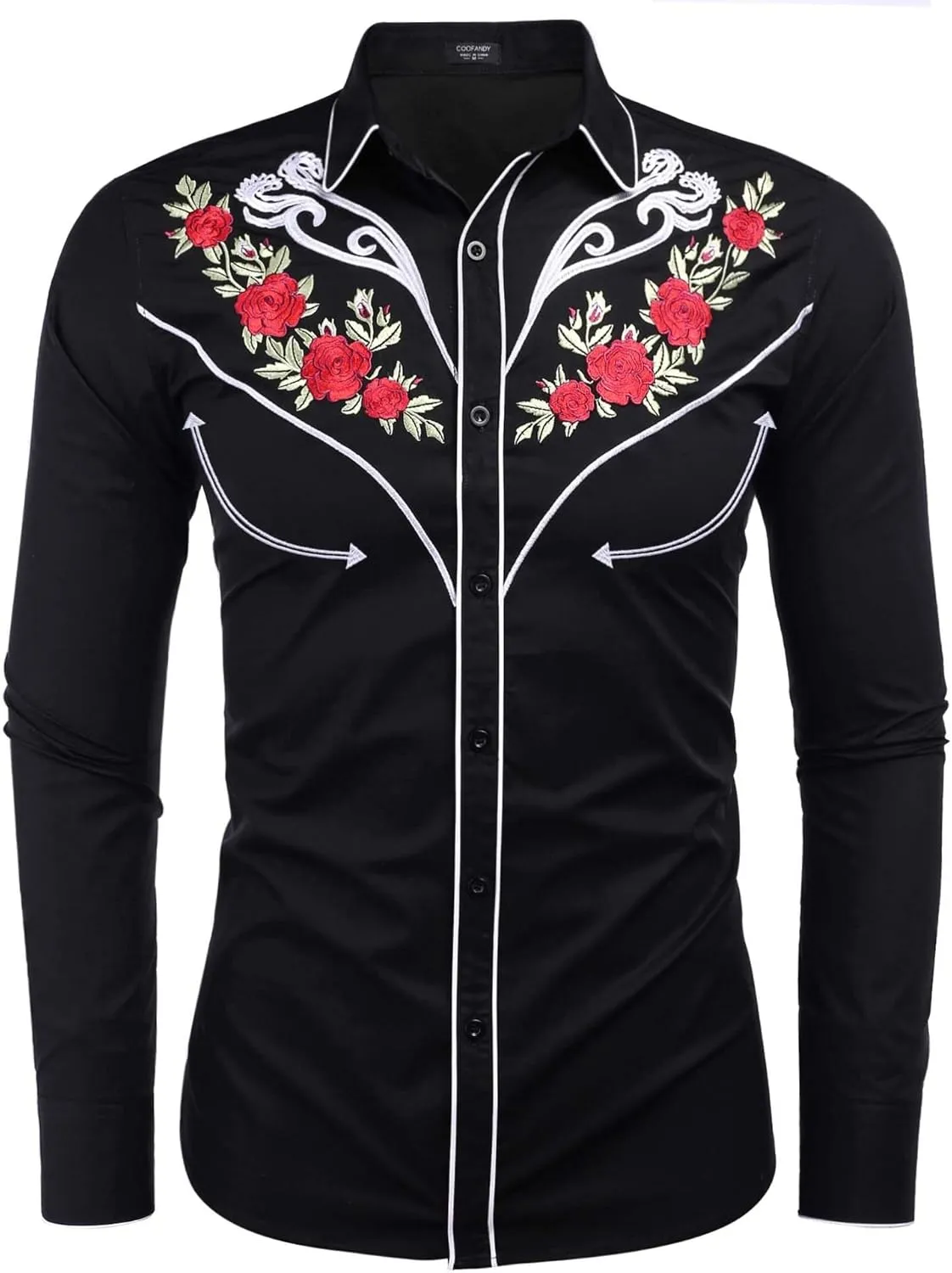 COOFANDY Men's Western Cowboy Shirt Long Sleeve Embroidered Shirt Slim Fit Cotton Casual Button Down Shirt