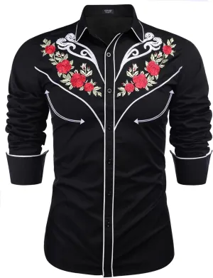 COOFANDY Men's Western Cowboy Shirt Long Sleeve Embroidered Shirt Slim Fit Cotton Casual Button Down Shirt