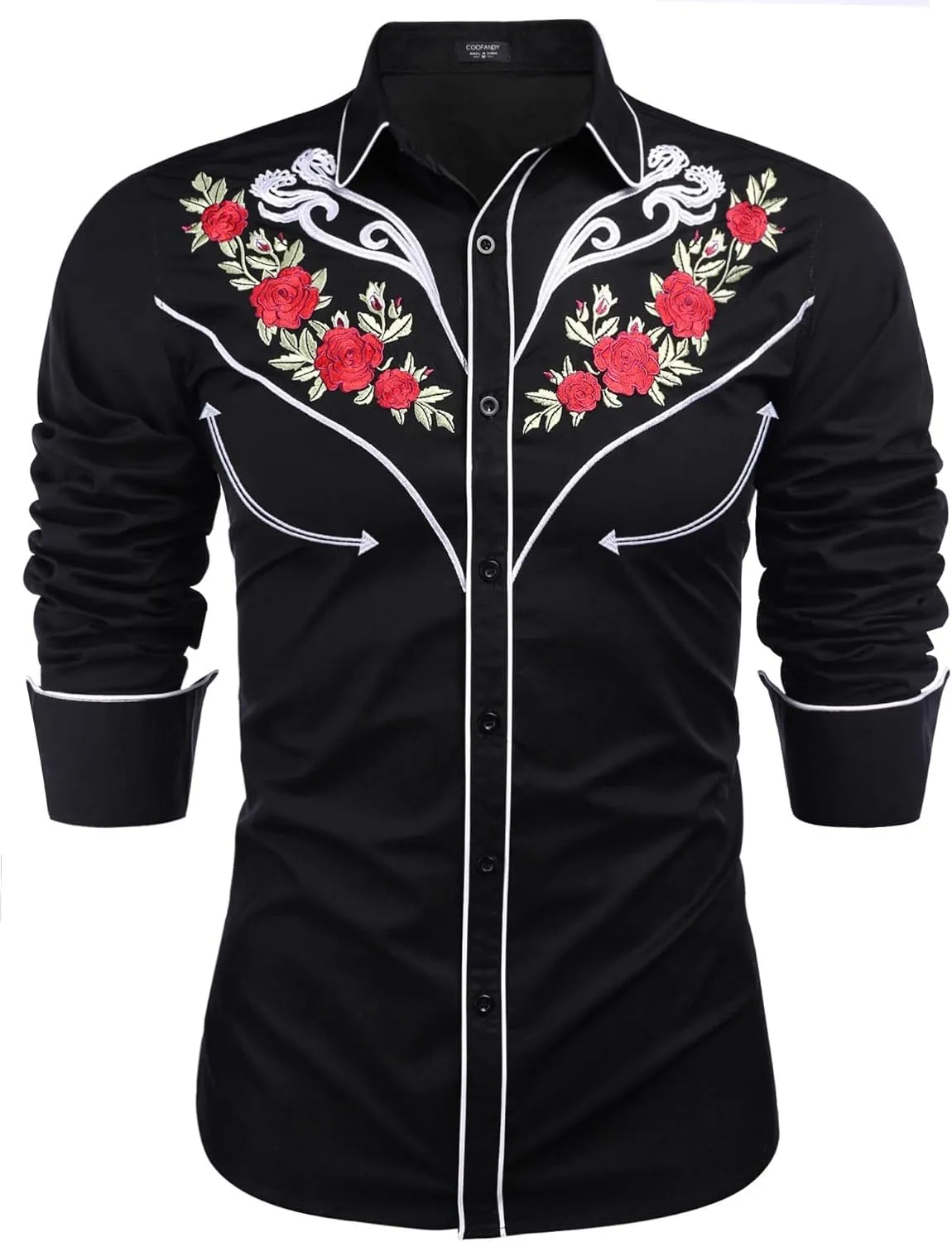 COOFANDY Men's Western Cowboy Shirt Long Sleeve Embroidered Shirt Slim Fit Cotton Casual Button Down Shirt
