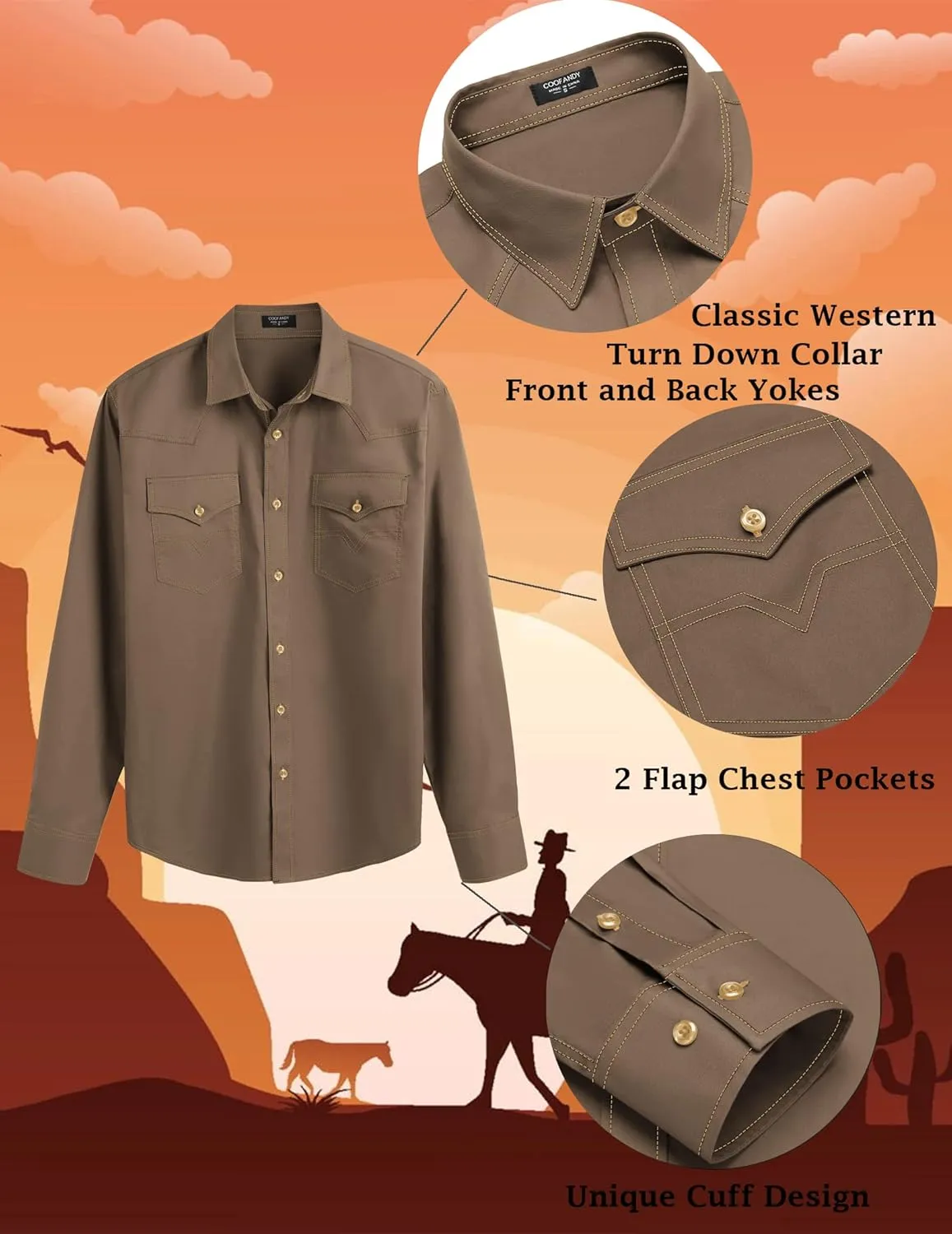 COOFANDY Men's Western Cowboy Shirts Long Sleeve Cotton Casual Button Down Work Shirt with Pockets