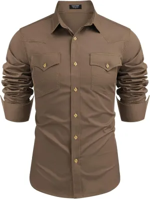 COOFANDY Men's Western Cowboy Shirts Long Sleeve Cotton Casual Button Down Work Shirt with Pockets