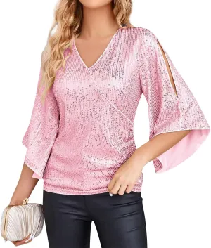 COTECRAM Womens Sequin Tops Summer Fashion Scoop Neck Sparkle Shimmer Short Sleeve/Sleeveless Tanks Tops for Party Night