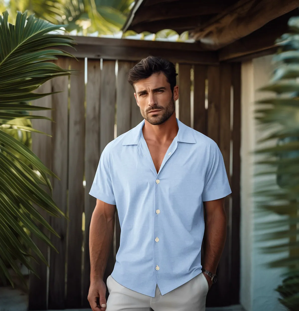 Cotton Linen - Camp Collar - Short Sleeve - Sky Blue