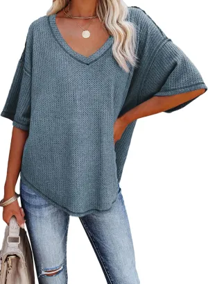 Dokotoo Women's Causual V Neck Short Sleeve Shirts Waffle Knit Loose Tunic Tops Blouses