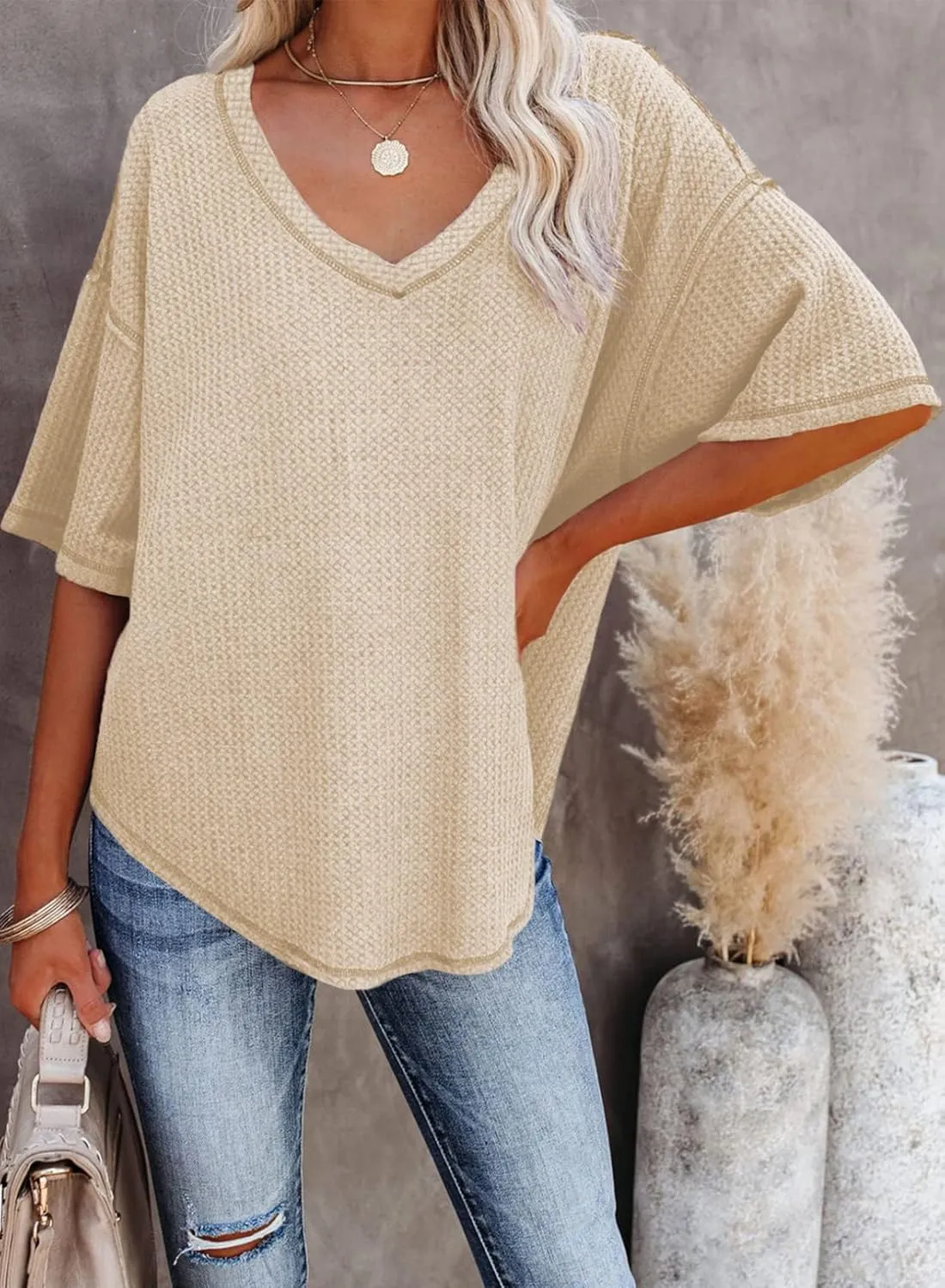 Dokotoo Women's Causual V Neck Short Sleeve Shirts Waffle Knit Loose Tunic Tops Blouses