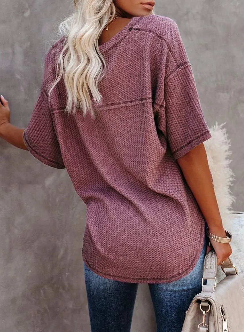 Dokotoo Women's Causual V Neck Short Sleeve Shirts Waffle Knit Loose Tunic Tops Blouses