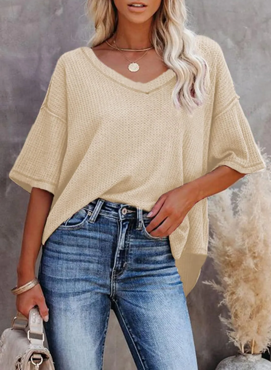 Dokotoo Women's Causual V Neck Short Sleeve Shirts Waffle Knit Loose Tunic Tops Blouses