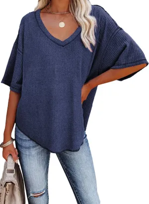 Dokotoo Women's Causual V Neck Short Sleeve Shirts Waffle Knit Loose Tunic Tops Blouses