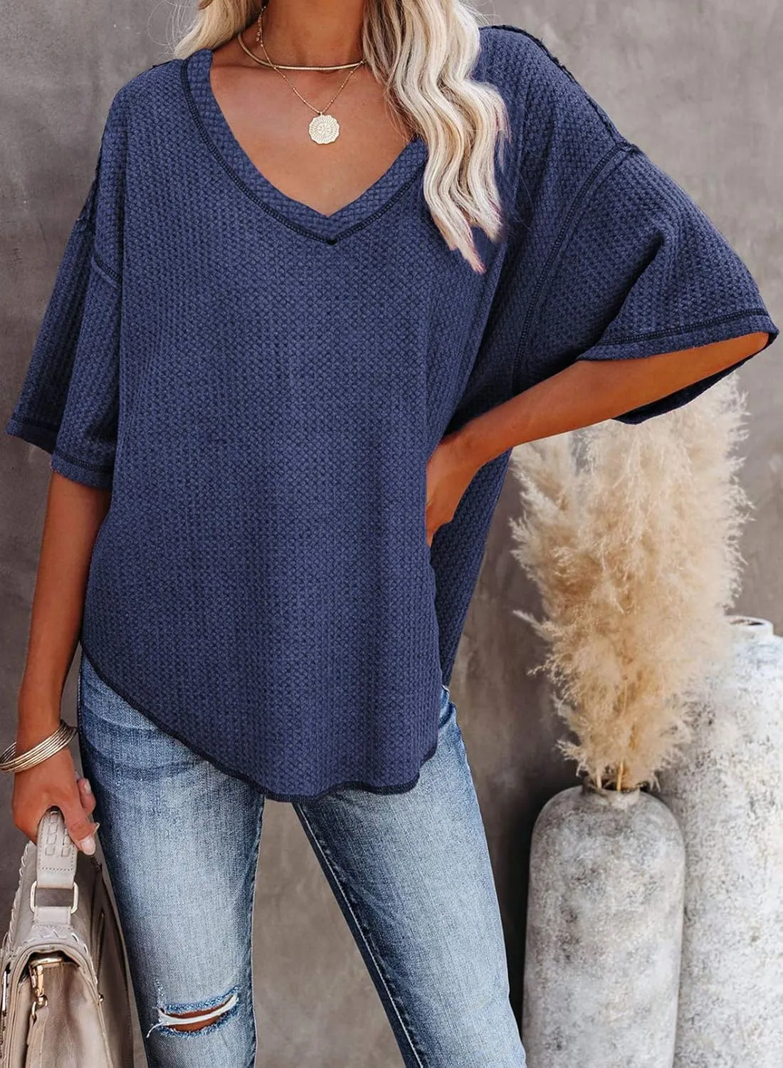 Dokotoo Women's Causual V Neck Short Sleeve Shirts Waffle Knit Loose Tunic Tops Blouses