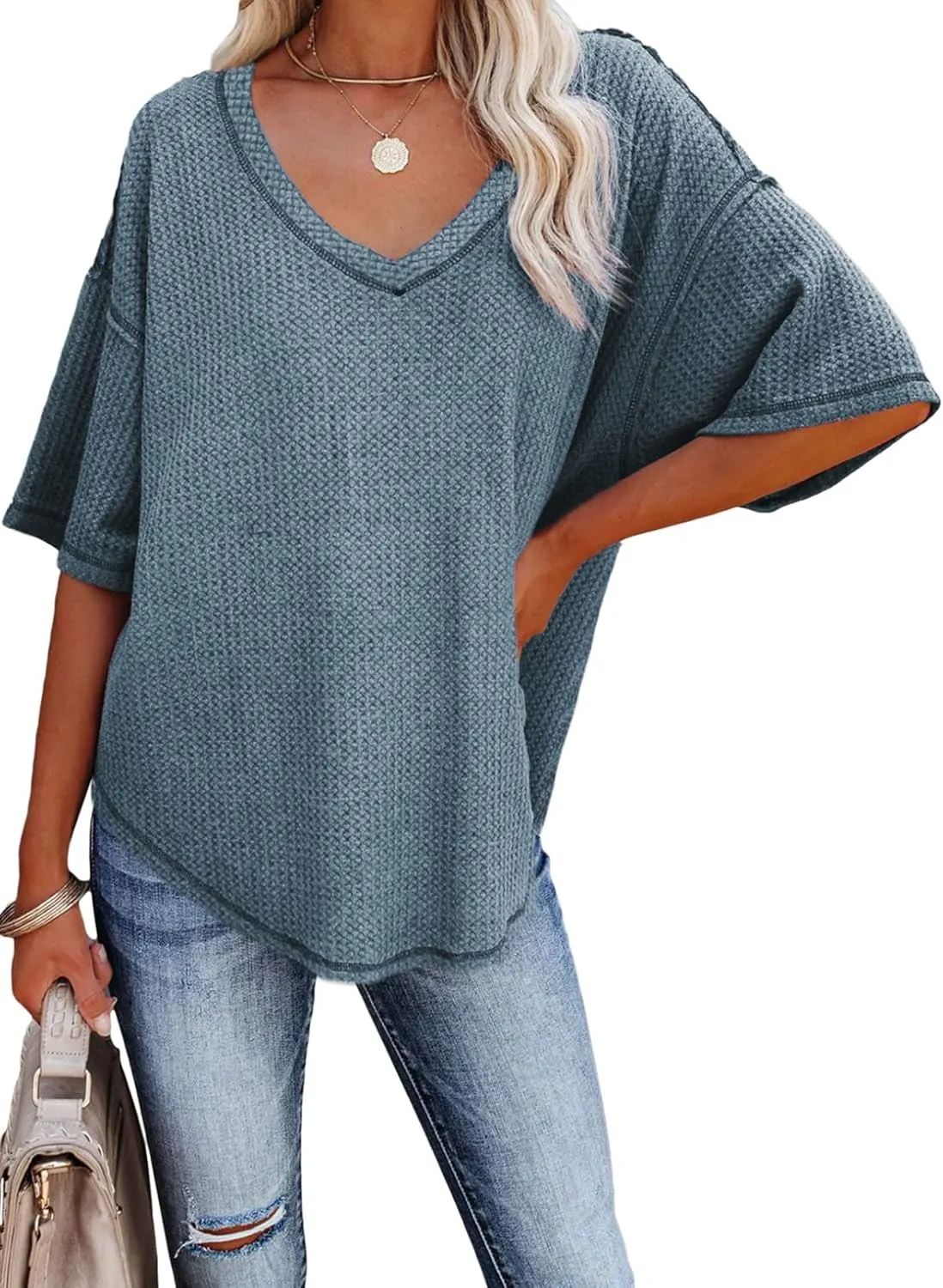 Dokotoo Women's Causual V Neck Short Sleeve Shirts Waffle Knit Loose Tunic Tops Blouses