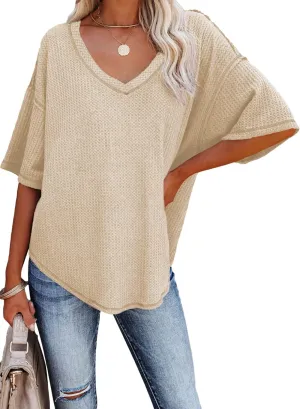 Dokotoo Women's Causual V Neck Short Sleeve Shirts Waffle Knit Loose Tunic Tops Blouses