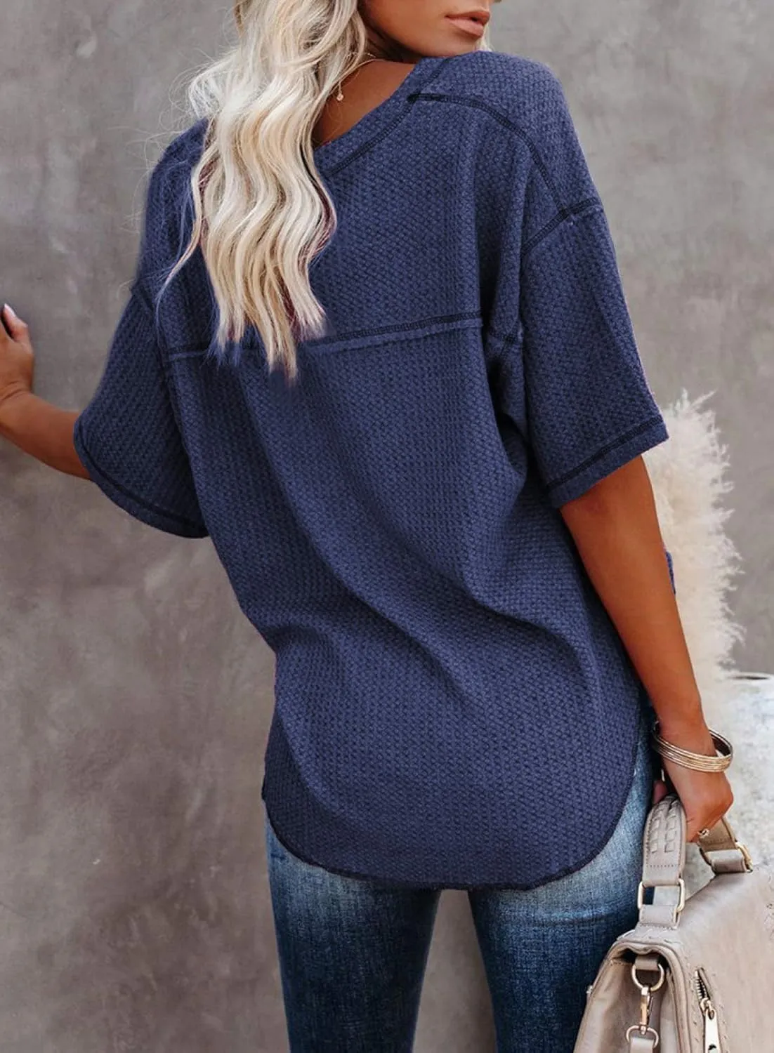 Dokotoo Women's Causual V Neck Short Sleeve Shirts Waffle Knit Loose Tunic Tops Blouses