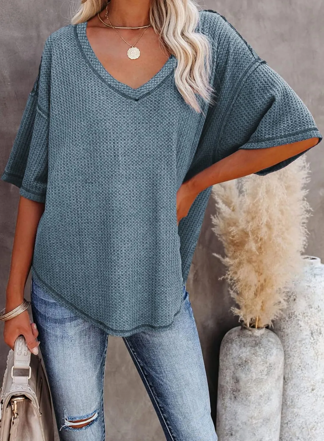 Dokotoo Women's Causual V Neck Short Sleeve Shirts Waffle Knit Loose Tunic Tops Blouses