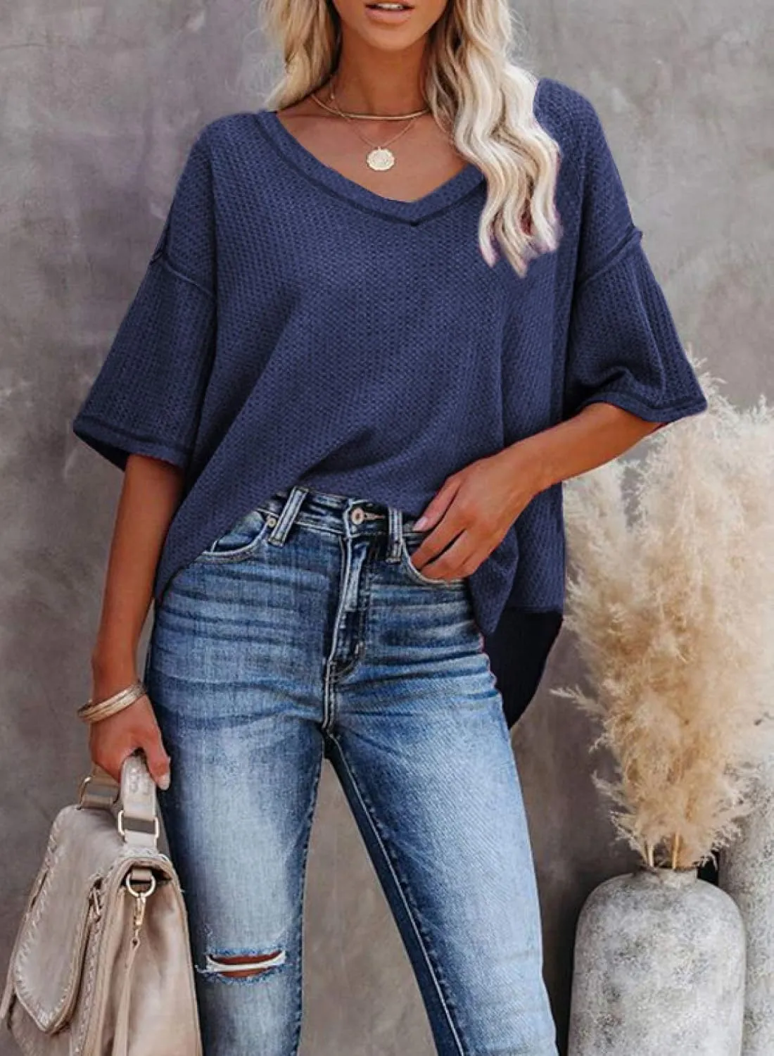 Dokotoo Women's Causual V Neck Short Sleeve Shirts Waffle Knit Loose Tunic Tops Blouses