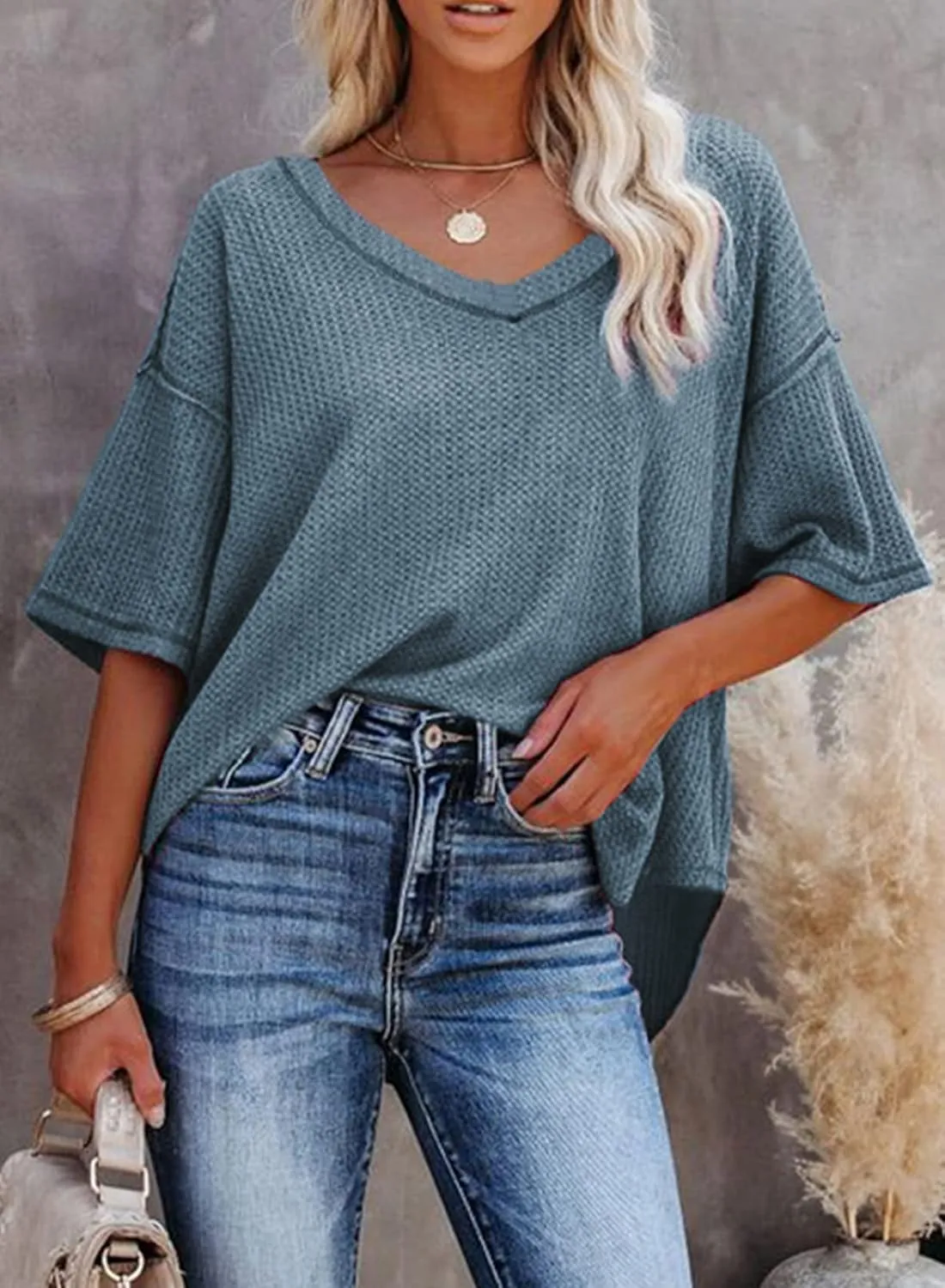 Dokotoo Women's Causual V Neck Short Sleeve Shirts Waffle Knit Loose Tunic Tops Blouses