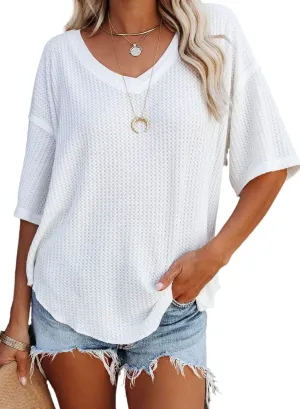 Dokotoo Women's Causual V Neck Short Sleeve Shirts Waffle Knit Loose Tunic Tops Blouses