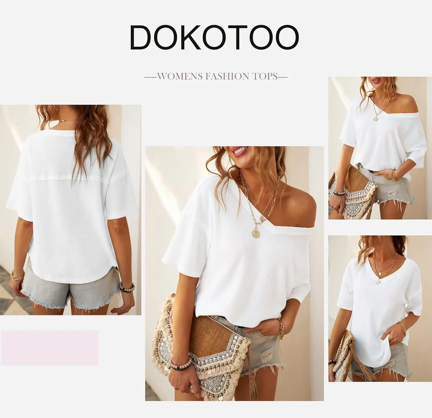 Dokotoo Women's Causual V Neck Short Sleeve Shirts Waffle Knit Loose Tunic Tops Blouses