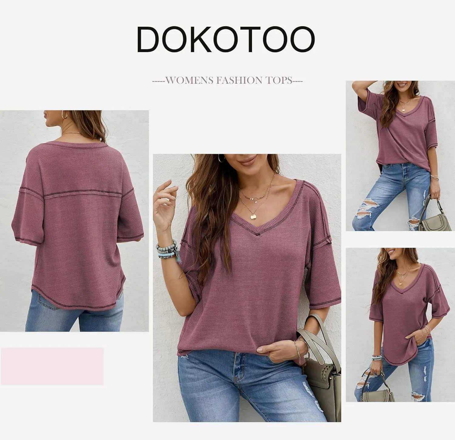 Dokotoo Women's Causual V Neck Short Sleeve Shirts Waffle Knit Loose Tunic Tops Blouses