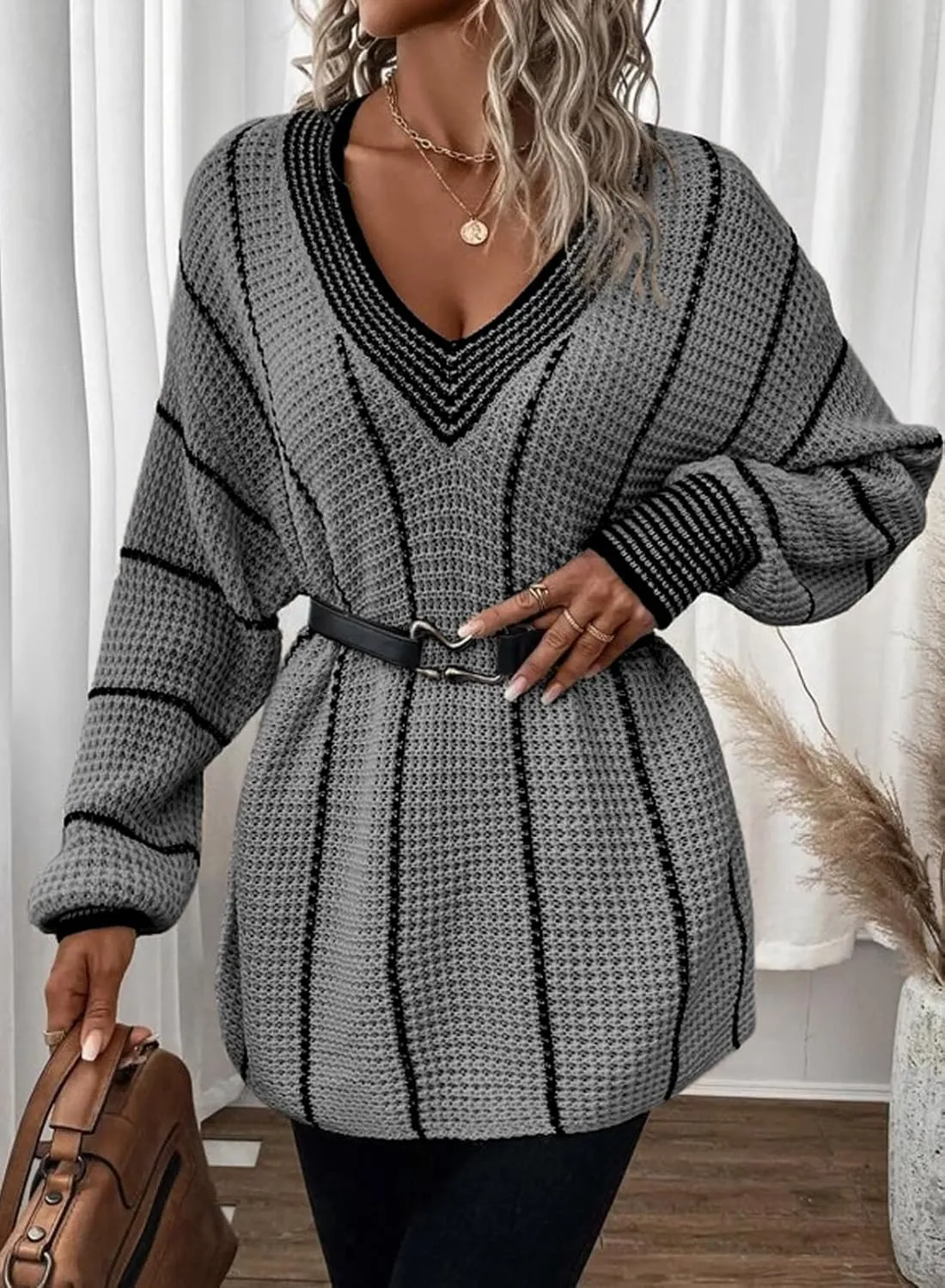 Dokotoo Womens Oversized Striped Tunic Sweaters Casual V Neck Long Sleeve Color Block Knit Pullover Jumper Tops