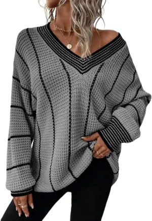 Dokotoo Womens Oversized Striped Tunic Sweaters Casual V Neck Long Sleeve Color Block Knit Pullover Jumper Tops
