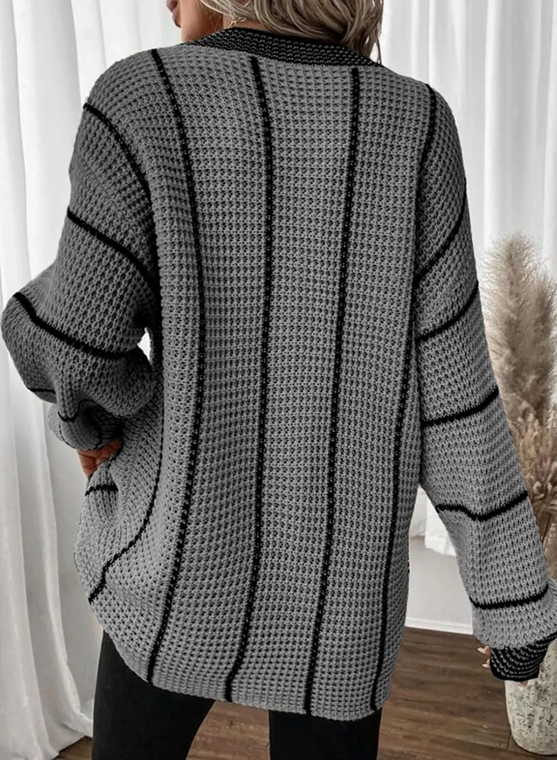 Dokotoo Womens Oversized Striped Tunic Sweaters Casual V Neck Long Sleeve Color Block Knit Pullover Jumper Tops