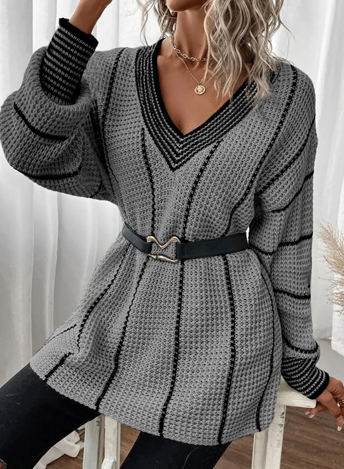 Dokotoo Womens Oversized Striped Tunic Sweaters Casual V Neck Long Sleeve Color Block Knit Pullover Jumper Tops