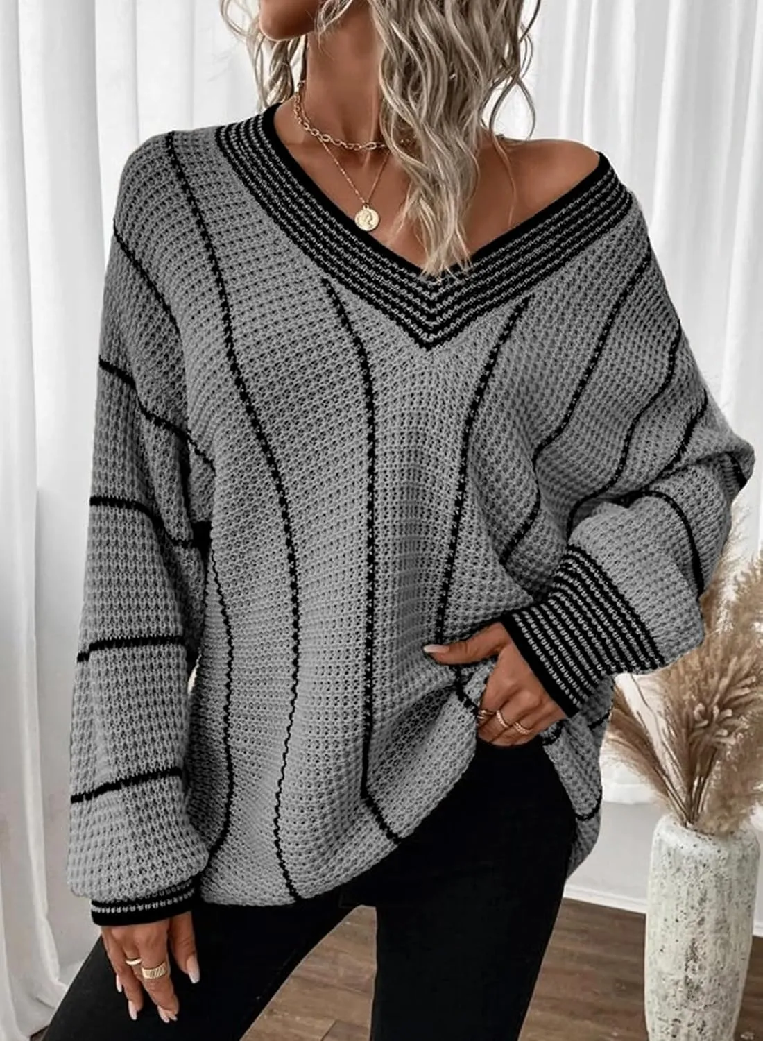 Dokotoo Womens Oversized Striped Tunic Sweaters Casual V Neck Long Sleeve Color Block Knit Pullover Jumper Tops