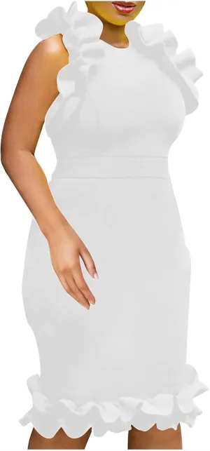 Dresses for Women Elegant Casual Plus Size Dress Solid Color Ruffle Tunic Dress Business Fashion Mini Dresses