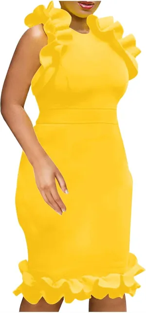 Dresses for Women Elegant Casual Plus Size Dress Solid Color Ruffle Tunic Dress Business Fashion Mini Dresses