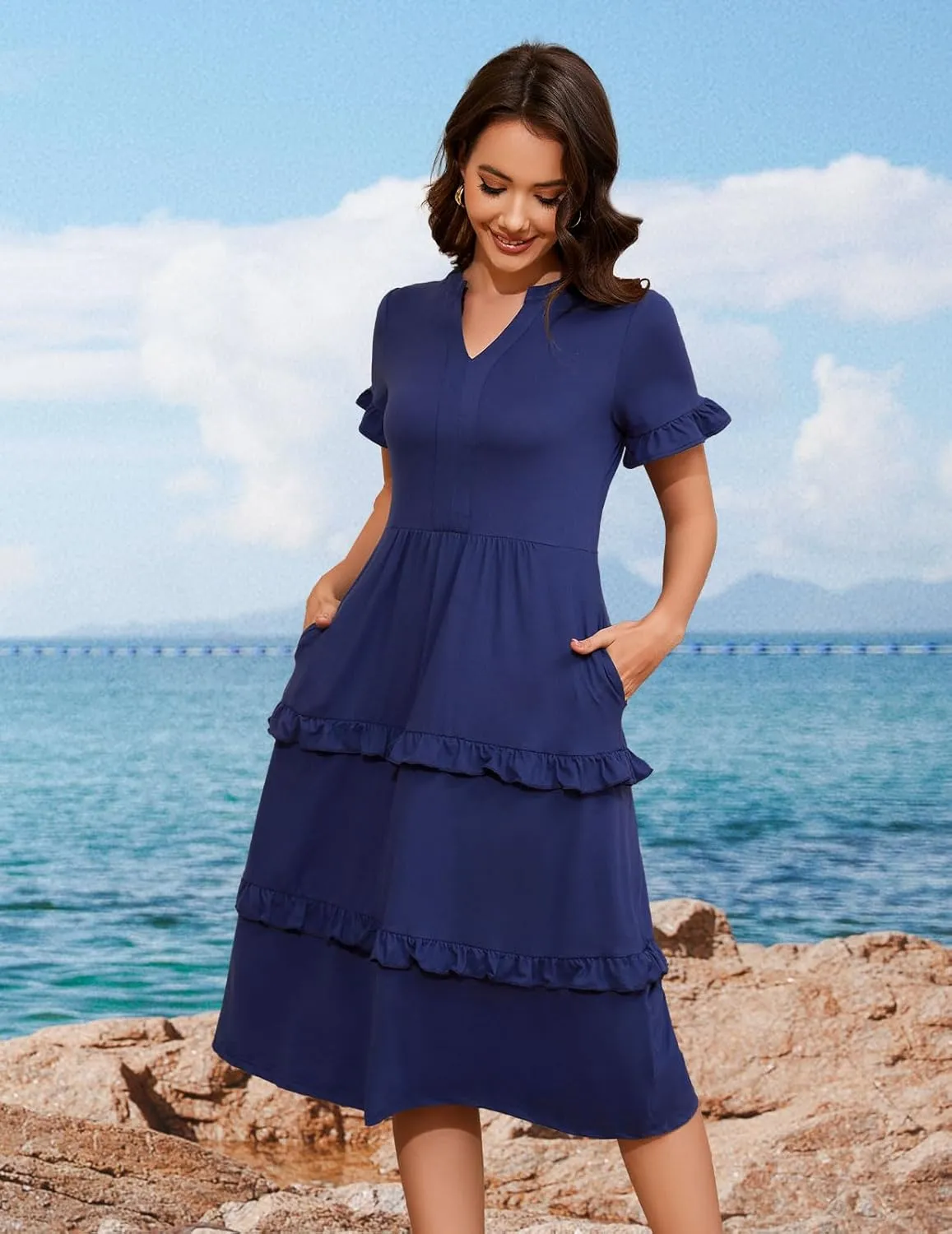 DRESSTELLS Women Summer Casual Dress Ruffle Sleeve V Neck Midi Dresses Flowy Tiered Boho Beach Vacation Sundress