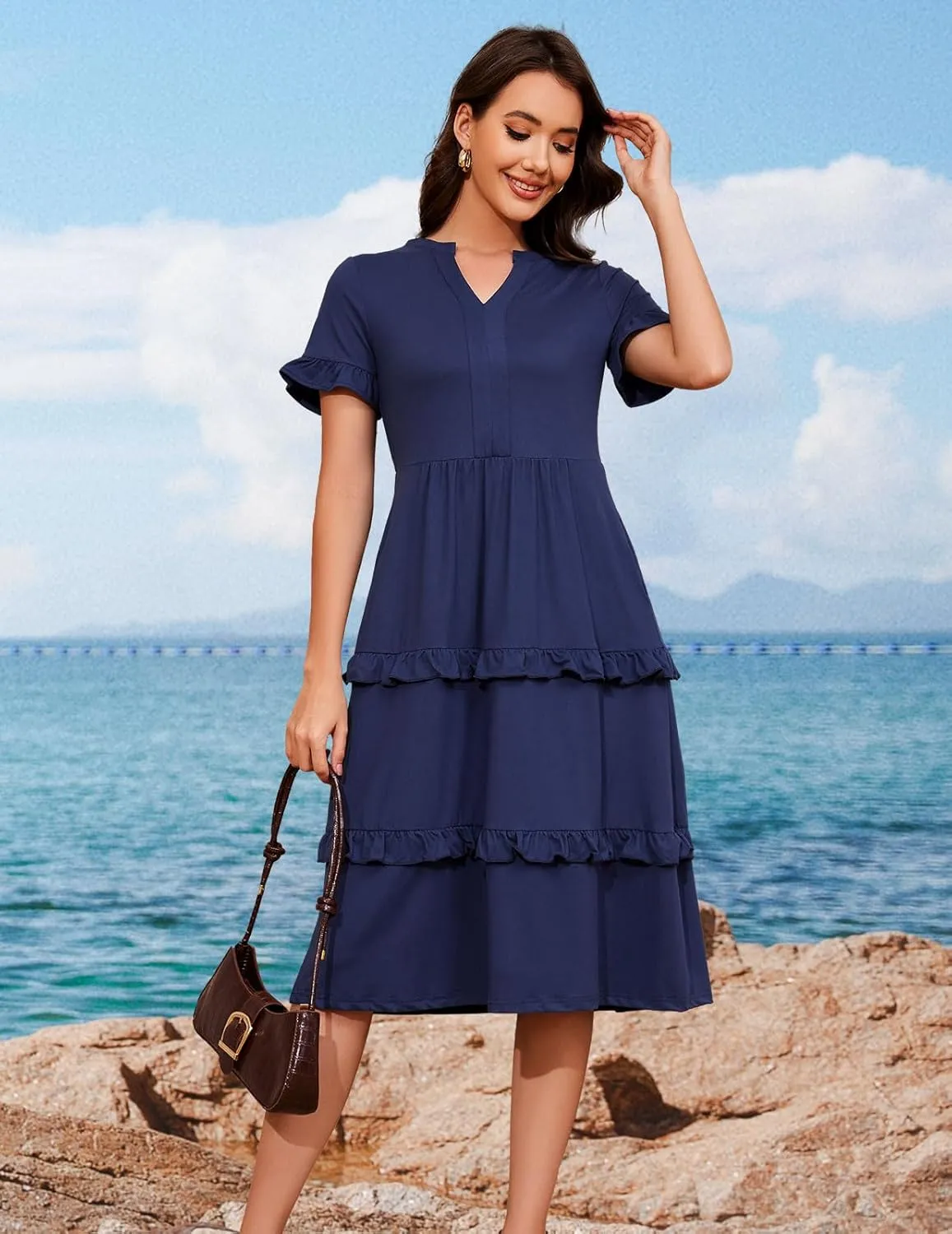 DRESSTELLS Women Summer Casual Dress Ruffle Sleeve V Neck Midi Dresses Flowy Tiered Boho Beach Vacation Sundress