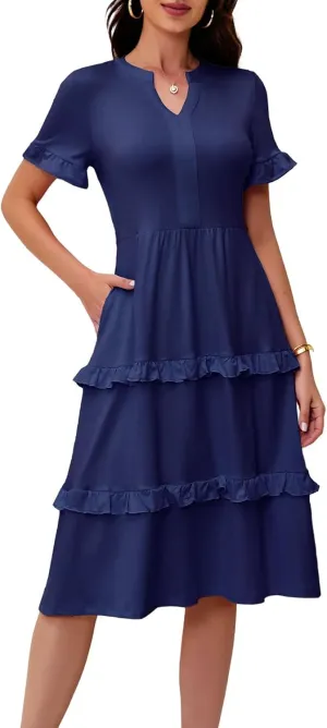 DRESSTELLS Women Summer Casual Dress Ruffle Sleeve V Neck Midi Dresses Flowy Tiered Boho Beach Vacation Sundress