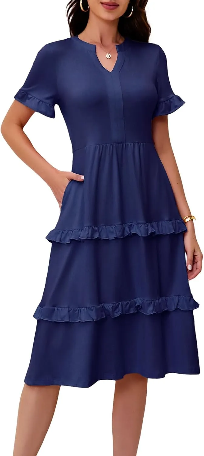 DRESSTELLS Women Summer Casual Dress Ruffle Sleeve V Neck Midi Dresses Flowy Tiered Boho Beach Vacation Sundress
