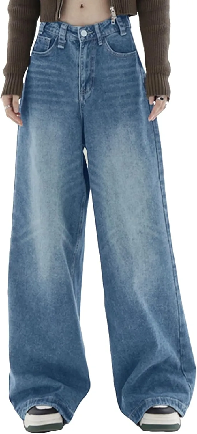 EMMIOL Women Baggy Jeans Wide Leg Mid-Low Waist Jeans Loose Boyfriends Jeans 90s Denim Pants with Pockets