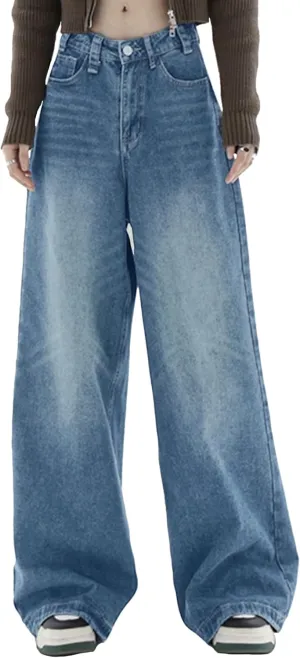 EMMIOL Women Baggy Jeans Wide Leg Mid-Low Waist Jeans Loose Boyfriends Jeans 90s Denim Pants with Pockets